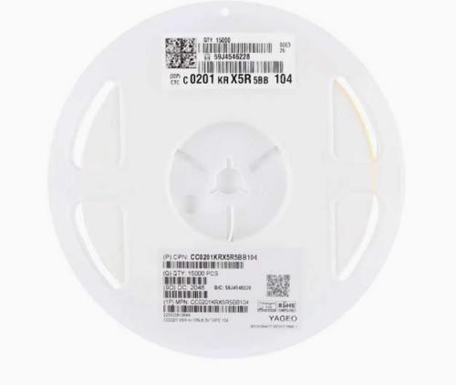 Original 0201 chip capacitor 100nF(104) ±10% 16V X5R CC0201KRX5R7BB104
